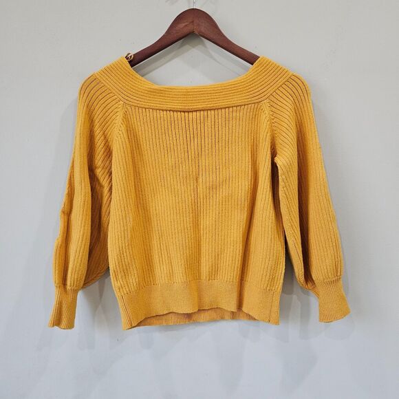 Anthropologie Moth Women's Dancer Off the Shoulder Sweater Small Mustard Yellow - Picture 6 of 9